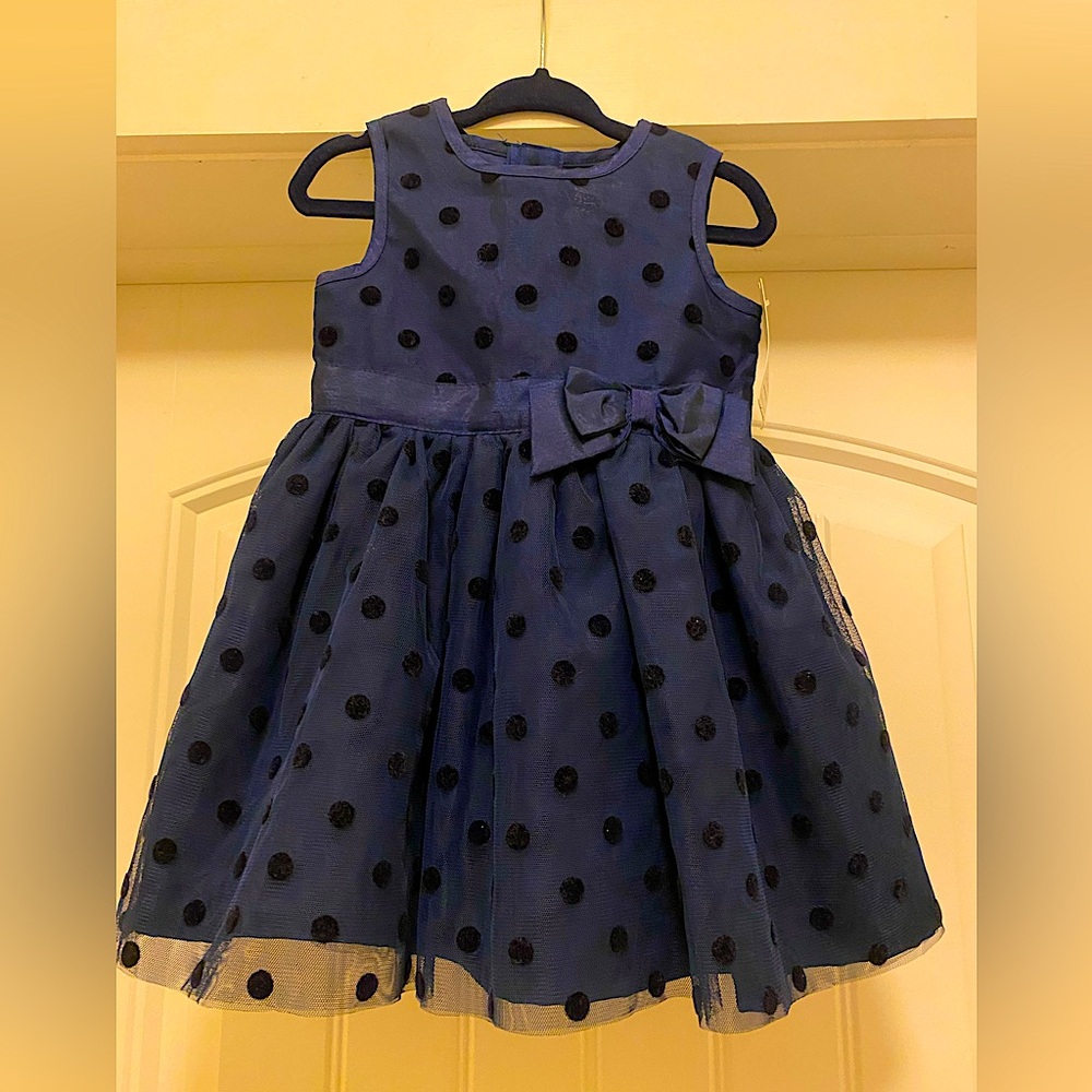 NWT Little Ones for Carter’s Navy Tulle Dress with black velvet polka dots. 12m.
